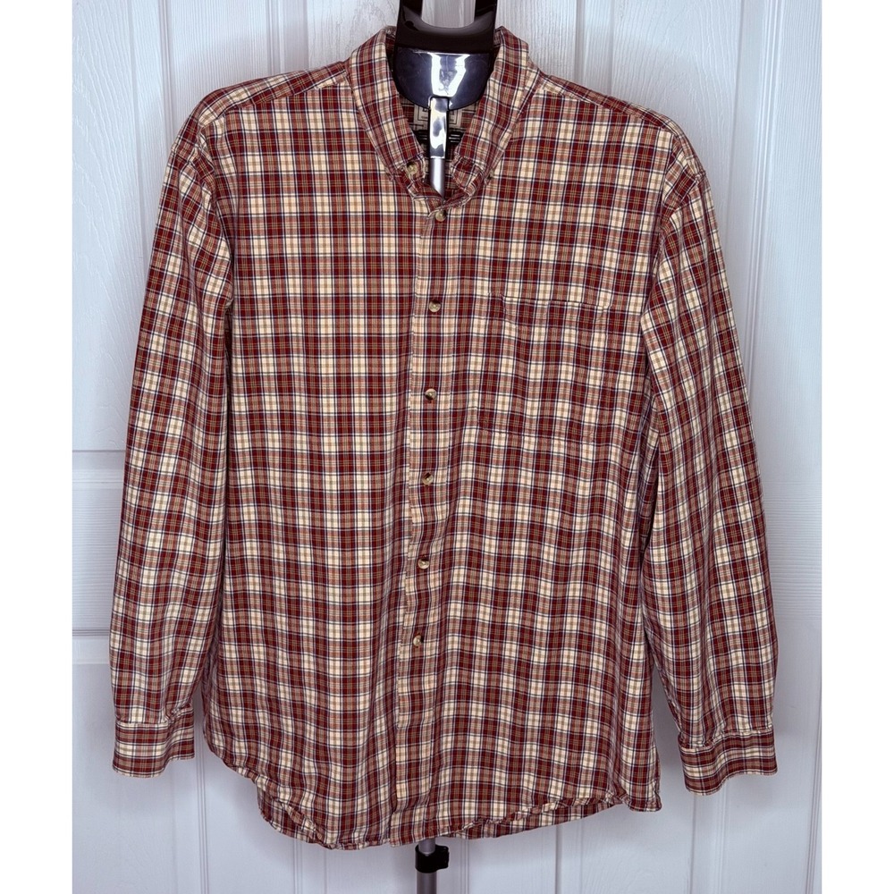 L.L.Bean Mens Large Regular Plaid 100% Cotton Button Up Shirt Red Tan Blue